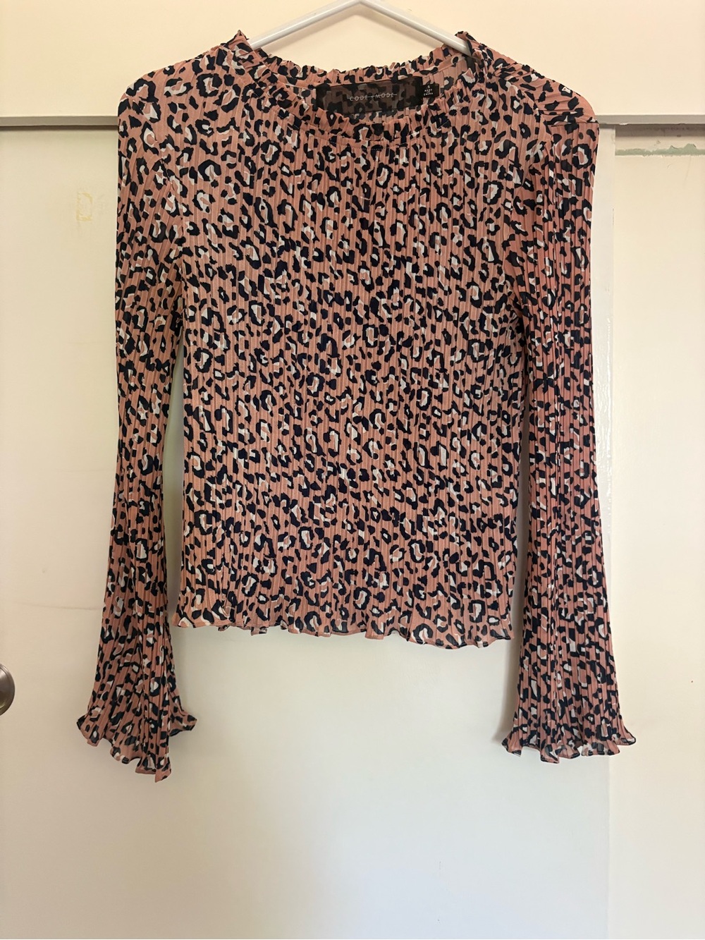Ruffled Pink Animal-Print Long-Sleeve Blouse